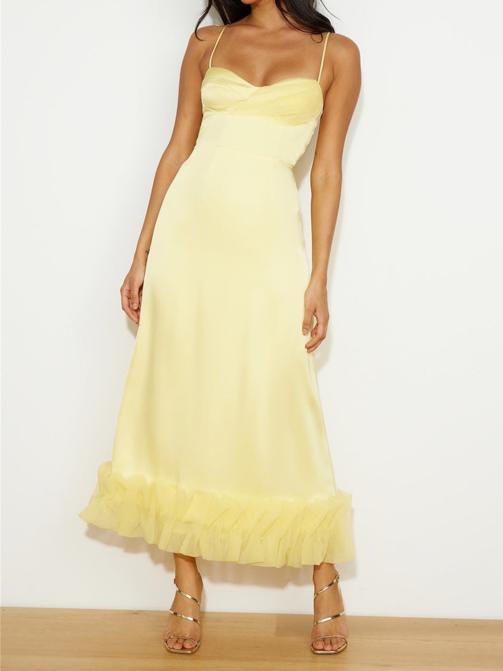 NWT Hello Molly All Your Attention Maxi Dress Butter Yellow Bustier Slip Fringe